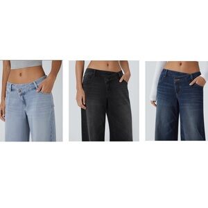 HALARA Flex Asymmetric Low Rise Zipper Pocket Baggy Wide Leg Washed Casual Jeans